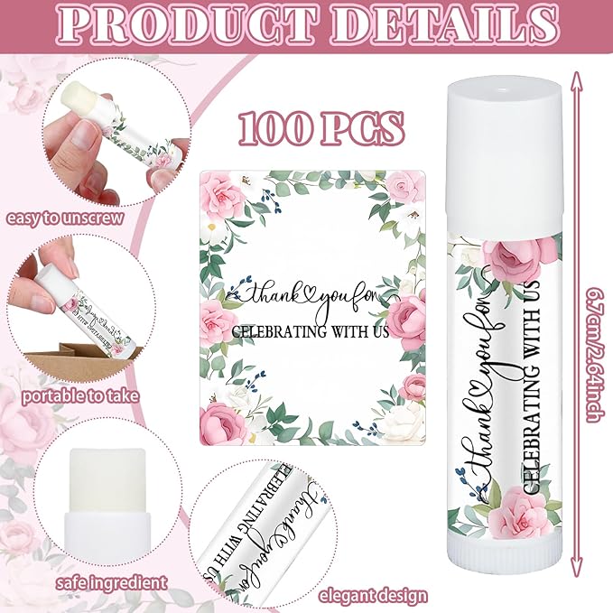 Dunzy 100 Pack Hello Fall Thanksgiving Party Gifts Bulk Lip Balms Favors Employee Appreciation Gifts Thank You Gifts Team Inspirational Gifts for Women Men Coworkers Satff Teachers(Pink Rose)
