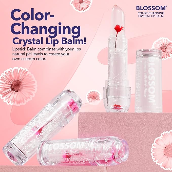 Blossom Moisturizing Custom Color Changing Crystal Lip Balm, Strawberry Scented Lip Stain Tint, Infused with Real Flowers, 3 pk, Turquoise/Pink/Purple