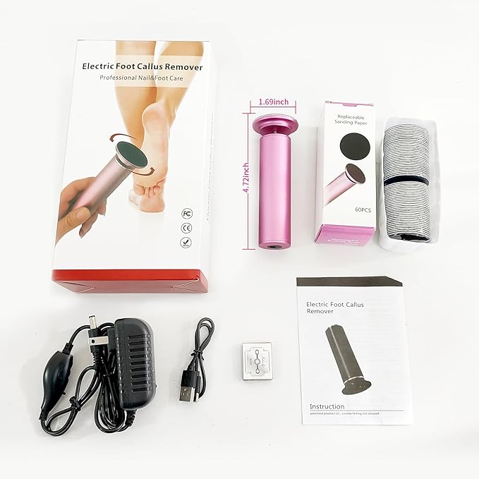 Electric Foot Callus Remover, Adjustable Foot Speed, Professional Foot Repair Tool, Equipped with 60 Pieces of Sandpaper, Suitable for Men and Women with Dead Skin calluses, Dry and Cracked, Pink