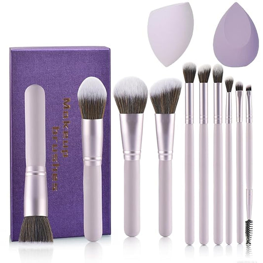Gift Ready 10 Piece Purple Makeup Brushes Set and 2 Piece Makeup Sponge – Wooden Handle with Soft Synthetic Bristles, Concealer, Powder – (Ideal for Christmas, Birthday, Women)
