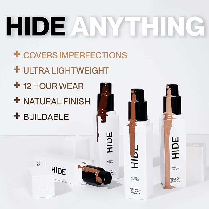 HIDE PREMIUM Liquid Foundation, Multi-Use Waterproof Foundation, Medium/Full Coverage Foundation, Shades for All Skin Types (See Shade Finder), Porcelain, 1 fl oz