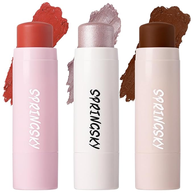 3Pcs Multi-Use Face Makeup Sticks Sets, Blendable Cream Blush Stick For Cheeks Lips, Highlighter Contour Shading Sticks Moisturizer Make Up Sets For Women (02)