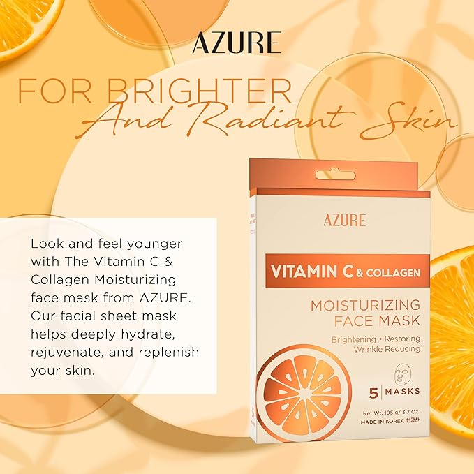 Azure Cosmetics Vitamin C & Collagen Moisturizing Facial Sheet Mask- Anti Aging, Deeply Moisturizing & Firming - Improves Elasticity - Skin Care Made in Korea - Pack of 5