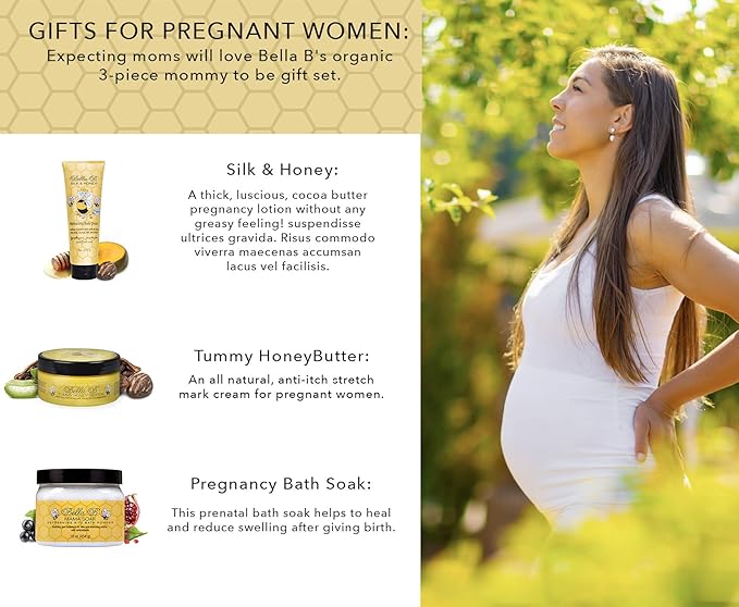 BELLA B 3-Piece Gift Set - Pregnancy Gifts For First Time Moms - Pregnant Mom Gifts - Mom To Be Gifts - Pregnancy Gift Basket - Sitz Bath Soak - Honey Tummy Butter - Silk And Honey Moisturizing Cream