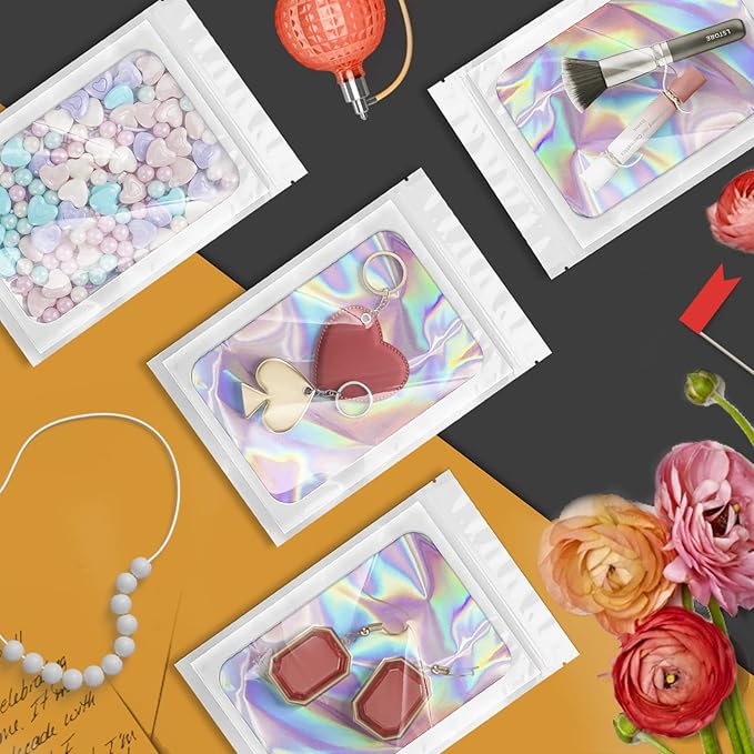 100 Pieces Smell Proof Mylar Bags, Holographic Packaging Bags, Resealable Odor Foil Pouch Zipper Bag with Clear Window for Food Storage and Lipgloss, Jewelry Lash(White, 4 x 6 Inch)