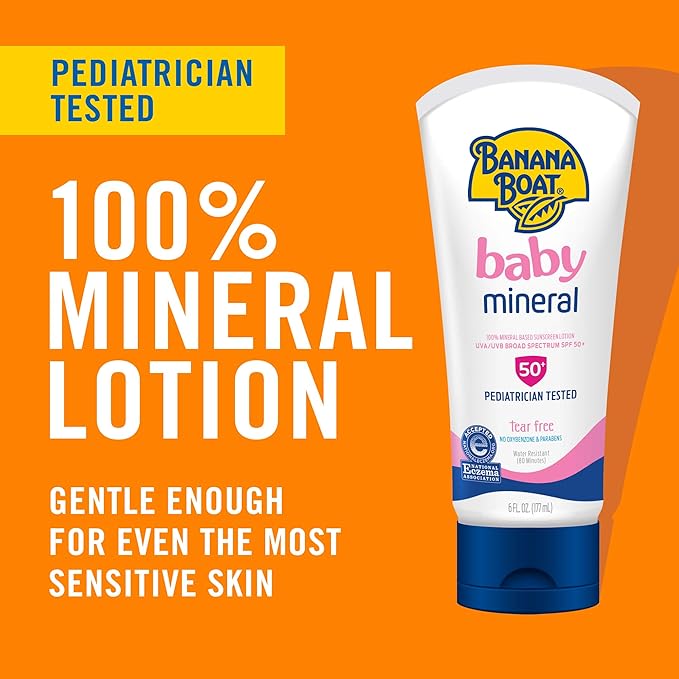 Banana Boat 100% Mineral Baby Sunscreen Lotion SPF 50 Twin Pack | SPF 50 Sunscreen for Babies, Baby Sunblock Lotion, Oxybenzone-Free, 6oz each