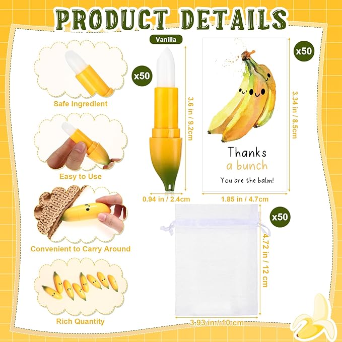 50 Pcs Employee Appreciation Gifts Bulk Banana Lip Balms Staff Appreciation Gift Bulk Lip Balm Gift Set Thank You Gift Lip Care Cream for Coworker Teacher Nurse Women Friend Baby Shower Favors