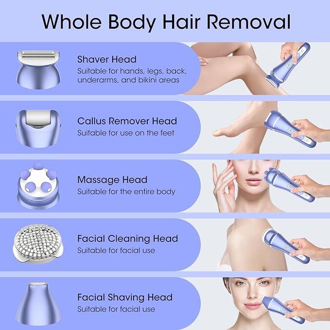 Epilator for Women, 7 in 1 Hair Removal for Women, Body Shaver, Bikini Trimmer, Face Razor, Facial Brush, Face Massage, Foot Callus Remover, IPX7 Waterproof Electric Shavers, Ideal Female Gift