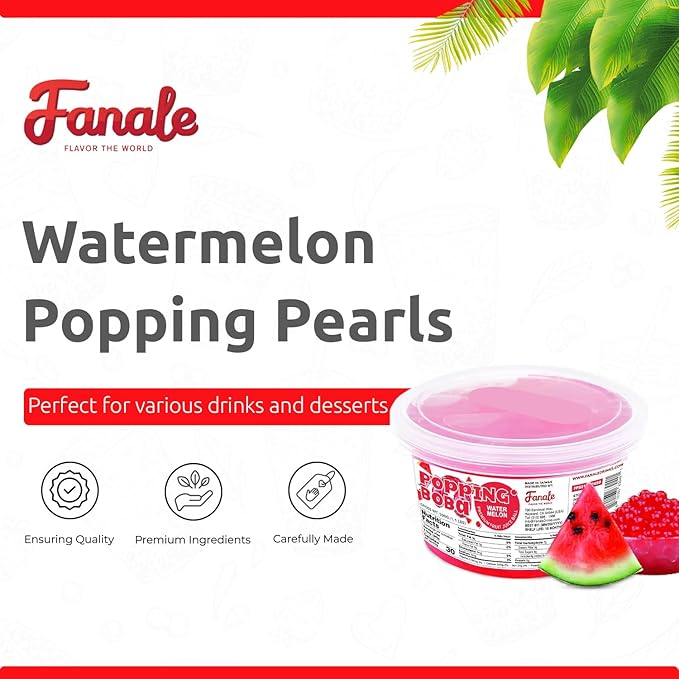 Fanale Watermelon Popping Boba Pearls, Vegan, Non GMO, Gluten Free, Fat Free, Perfect for Bubble Tea, Smoothies, Ice Cream, Desserts, and Beverages.