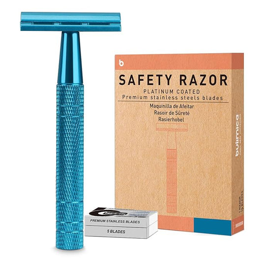 Double Edge Safety Razor, Single Blade Razors for Men and Women, with 10 Stainless Steel Safety Razor Blades, Smooth and Close Wet Shaving, Plastic Free, Blue