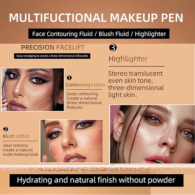 3Pcs Contour Beauty Wand,Liquid Face Concealer Contouring with Cushion Applicator,Liquid Blush Shading Bronzer Stick Natural Matte Finish, Lightweight Blendable Super Silky Cream Contour Stick Makeup