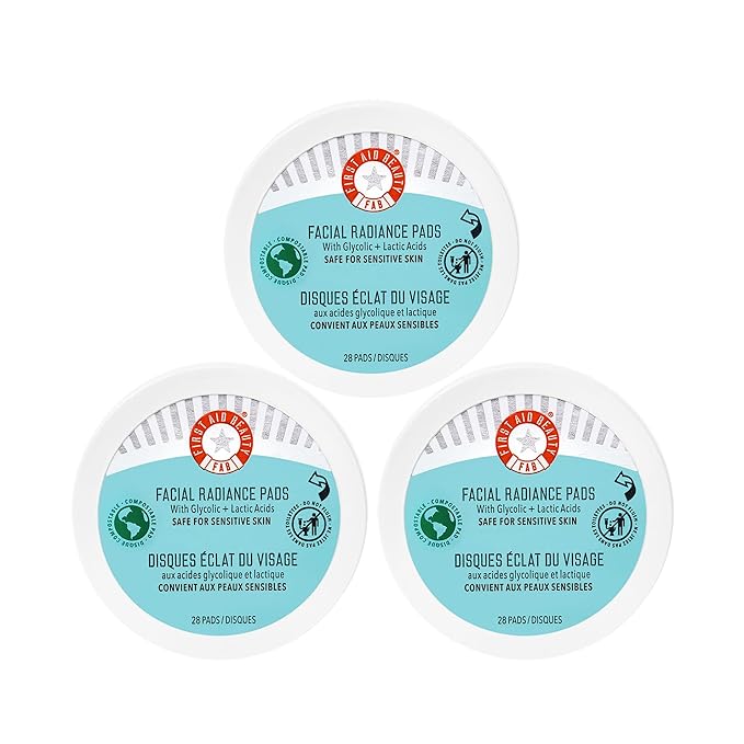 First Aid Beauty - Facial Radiance Pads with Glycolic & Lactic acids, Daily Exfoliating pads with AHA to Help Tone & Brighten Skin, One Step Makeup Prep, Compostable for Daily Use, 28 Pads, 3 ct