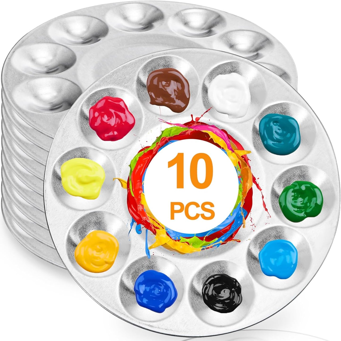 10 Pack Paint Tray Palettes, 6.7" Metal Paint Mixing Pallets, 10-Well Painting Palette, Washable Round Paint Holder Tray for DIY Craft Professional Watercolor Oil Art Painting Project, Silver