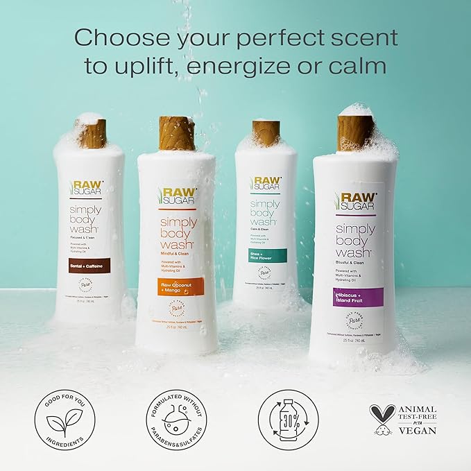 RAW SUGAR Simply Body Wash, (25 Fl Oz, Pack of 1) Bath Soap, Formulated without Sulfates & Parabens (Pineapple + Maqui Berry + Coconut)