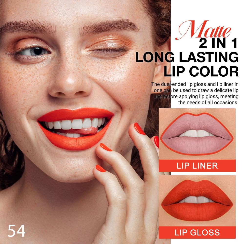 evpct 1Pcs Orange Red Matte Lip Liner & Liquid Lipstick Stain Makeup Set for Women, Orange Red Lip Liner Stain Long Lasting Waterproof Smudge Proof, Cruelty Free Lip Stick Makeup 24 hours originale 54