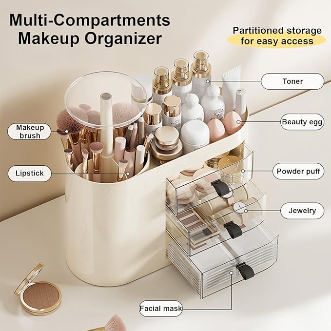 DASITON Makeup Organizer with 3 Drawers,Automatic Lifting Makeup Brush Holder with Lid,Large Capacity Makeup Organizers for Vanity,Bathroom Countertop,Ideal Storage Skin Care,Brushes,Lipstick (Cream)