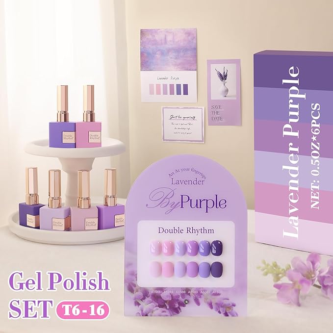 Double Rhythm 6 Pcs 15 ML Gel Polish Set Same Color Same Bottle Soak Off Gel Polish Kit Nail Art Manicure Salon DIY at Home for Women (Light Dark Purple Violet Rose Pink-T6-16)