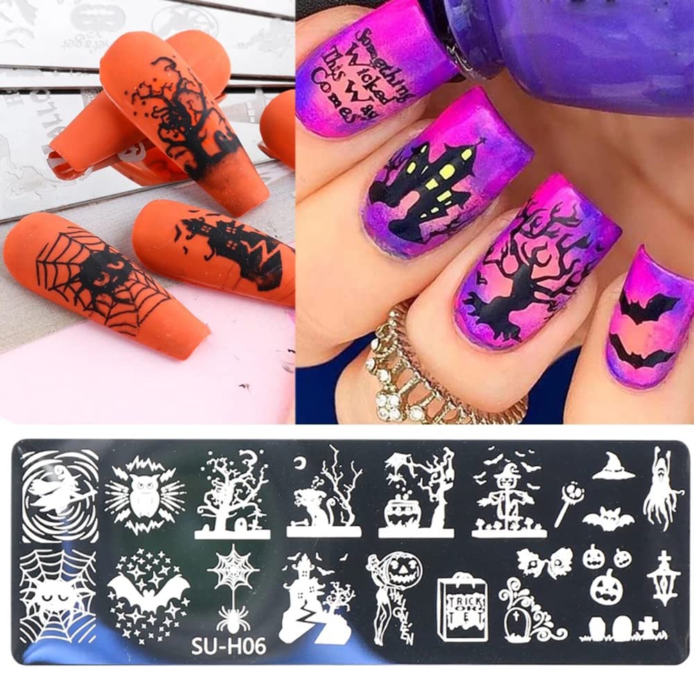 Halloween Nail Stamper Kit: 6 Pcs Stamp Template Plates with 1 Stamper, 1 Scraper - Horror, Ghost, Pumpkin, Skull, Bone Images - DIY Nail Art Set