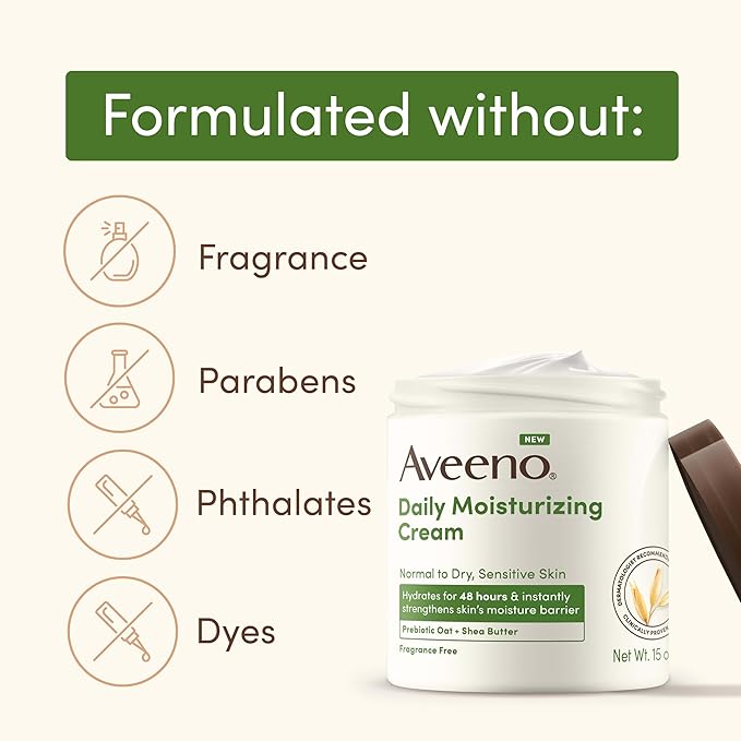 Aveeno Daily Moisturizing Cream with Prebiotic Oat & Shea Butter for Body, Face & Hands Moisturizer Cream, Hydrates Normal to Dry, Sensitive Skin, Fragrance Free, Non-Comedogenic, 20 oz