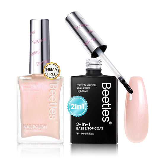Beetles Nail Polish Top Coat and Base Coat Set Pearl Pink Fast Drying & Long Lasting Shine Nail Polish 2 IN 1 Protects Nails Enhances Glossy and Nourishes Nails for Women
