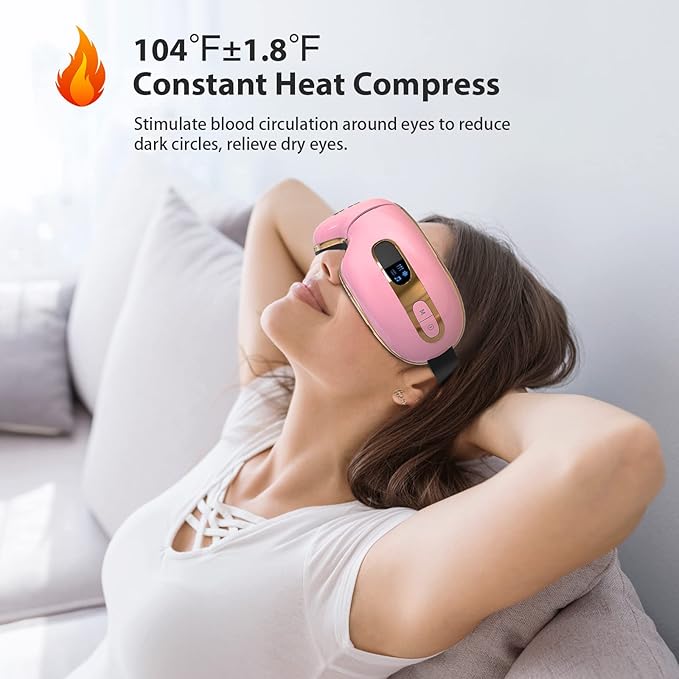 Eye Massager with Heat and Cooling for Migraines, Dry Eyes, Dark Circles, Rechargeable Heated Eye Mask Massager Improve Sleeping - Gifts for Women and Men (Pink)