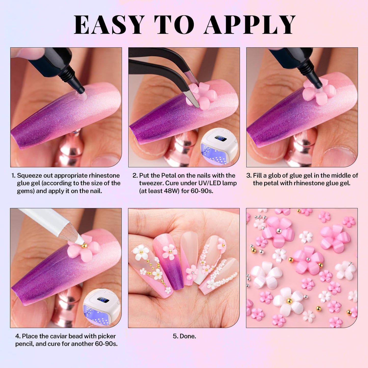 3D Flowers, Manicure Kit with Nail Rhinestone Glue Gel, Colorful Acrylic Flower Nail Charms with Caviar Beads, Rhinestones for Nails with Gem Glue for Nails (UV/LED Needed) with Dotting & Pickup Tools