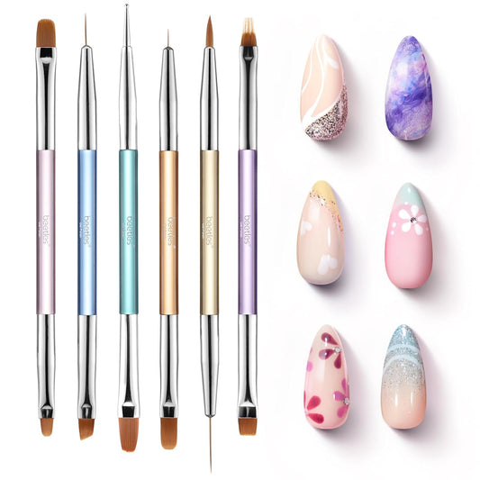 Beetles Gel Nail Art Brushes, 6 Pcs Double-Ended Fingernail Art Design Pens Gel Paint Liner Ombre Gradient French Tip Brush Dotting Pen Nail Brush Set, DIY Manicure Tools Gift for Women