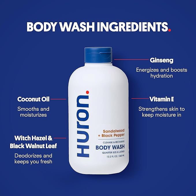 Huron Shower Kit - Shampoo, Conditioner, & Body Wash For Men - Sandalwood + Black Pepper Scent - Hydrating & Nourishing Men's Shampoo & Conditioner