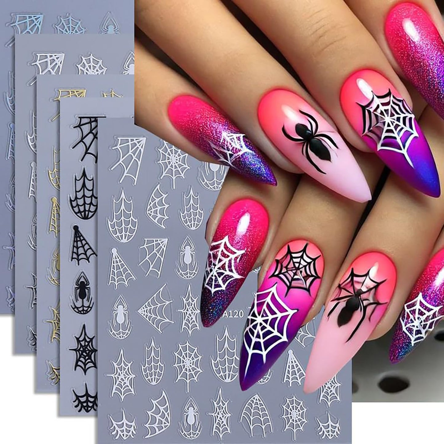 6 Sheets Halloween Spider Web Nail Art Stickers 3D Self -Adhesive Spider Web and Spider Nail Decals Holographic Black Gold Silver Nail Stickers Halloween Nail Decoration for Women Manicure Supplies
