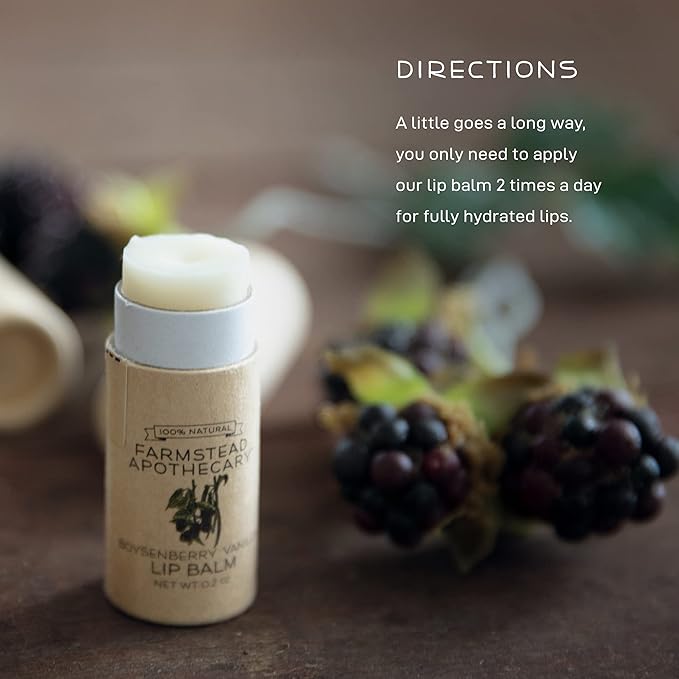 Farmstead Apothecary 100% Natural Lip Balm with Organic Beeswax, Organic Shea Butter & Organic Coconut Oil, Boysenberry Vanilla 0.2oz