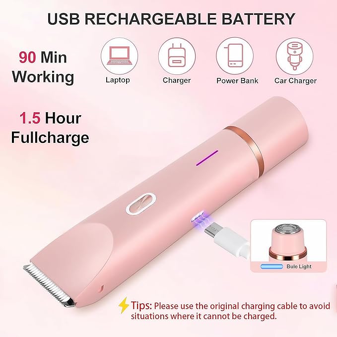 Electric Shaver for Women, 2-in-1 Electric Razor for Womens Legs Underarm Face Pubic Hairs, Rechargeable Razor Body Hair Trimmer Wet & Dry Use