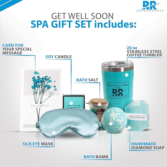 Get Well Soon Spa Gift Set for Women - Thoughtful Care Package with 7 Relaxing Items Including Soy Candle, Bath Bomb, and 22oz Coffee Tumbler - Surgery Recovery Gifts