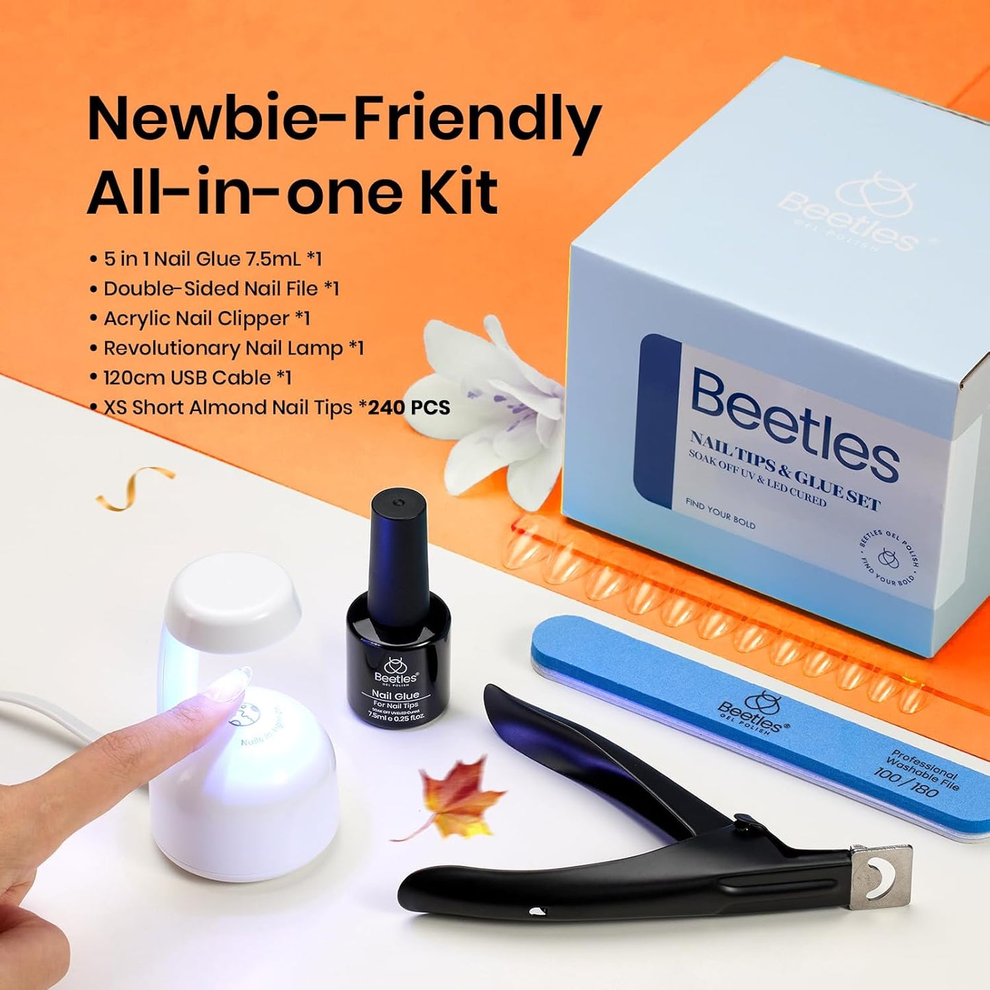 Beetles Gel Nail Kit, Short Almond Nail Tips Easy Extension Set 240 Pcs Pre Shaped Clear Full Cover Fake Nails Tips with 5 In 1 Nail Glue Uv Led Lamp DIY Manicure Gifts for Women