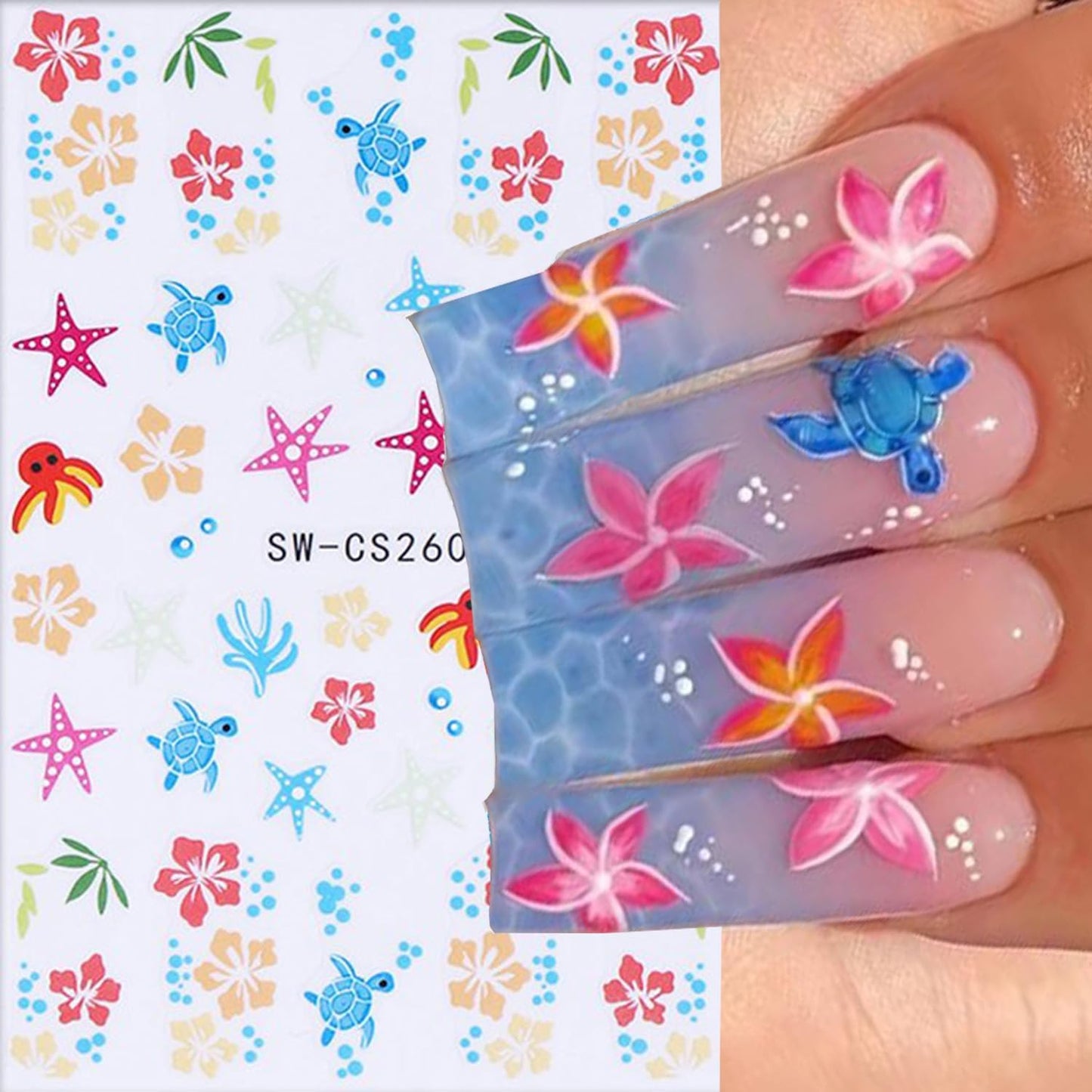 6 Sheets Ocean Style Nail Art Stickers 3D Self -Adhesive Starfish Sea Turtles Nail Decals Holographic Flower Bow Nail Stickers Summer Floral Seahorse Nail Decoration for Women Manicure Supplies