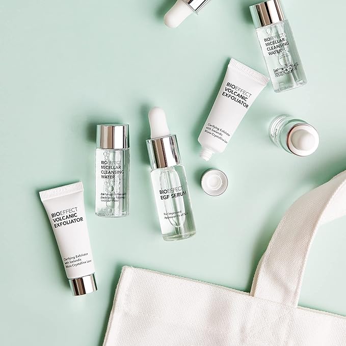 BIOEFFECT EGF Serum Gift Set with mini Volcanic Exfoliator and Micellar Water, Anti-Aging, Hydrating, Wrinkle-Fighting Facial Skin-Care with Growth Factor and Hyaluronic Acid plus Free Tote Bag