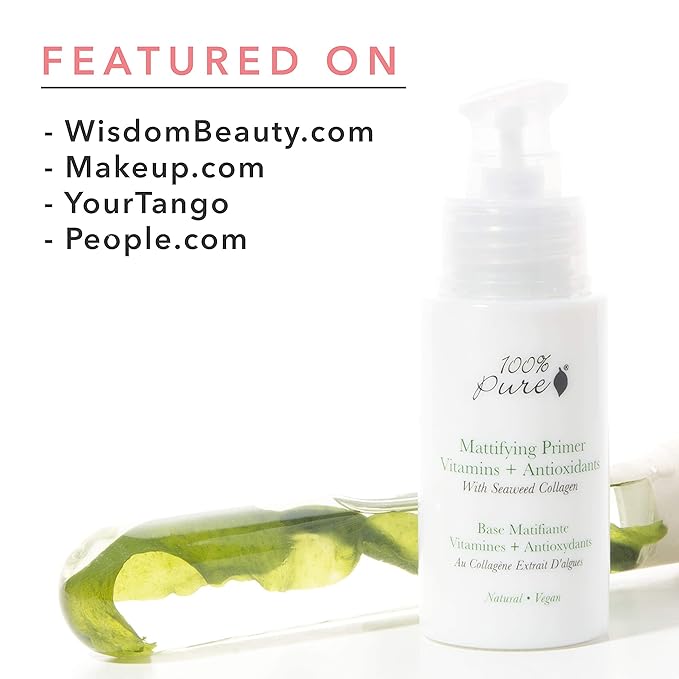 100% PURE Mattifying Face Primer Plumping Makeup Base & Moisturizer with Anti-Aging Seaweed Collagen - Long-Lasting Matte Pore Diminishing Cosmetics Prep, Flawless Smooth Skin Hydration - 1 oz