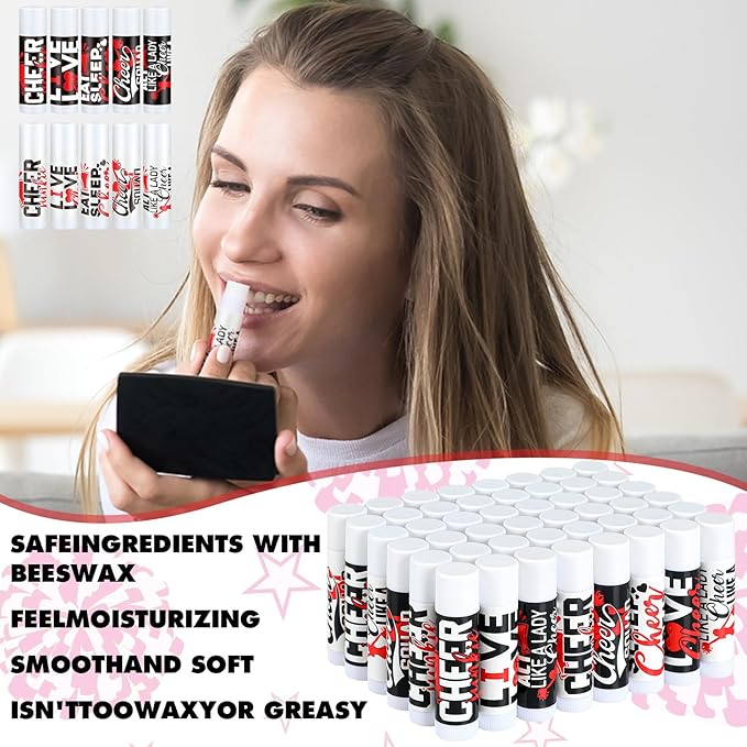 50 Sets Cheer Gifts Bulk 50 Cheer Lip Balm Bulk Moisturizing with 50 Organza Drawstring Gift Bags 50 Tags Cheerleader Gifts Cheer Gifts Bulk for Team (Red)