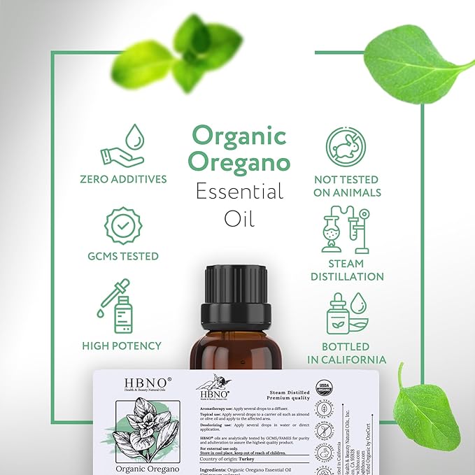 HBNO Organic Oregano Essential Oil - 1 oz (30ml) - USDA Certified Organic Oregano Essential Oil for Aromatherapy, Soap Making, DIY, Fragrances, Diffuser.