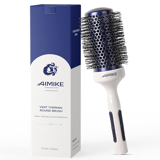 AIMIKE Nano Ionic Tech Large Round Brush, Ceramic Round Brush for Blow Drying, Styling and Boost Volume, Natural Wood Round Hair Brush, One Piece Design - 2 Inch/52mm