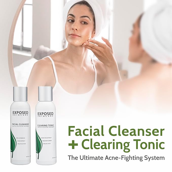Exposed Skin Care Basic Acne Treatment Kit - Includes Salicylic Acid Face Wash, Clearing Tonic, Treatment Serum with Benzoyl Peroxide, Clear Pore Serum - Natural Acne Solution for All Skin Types