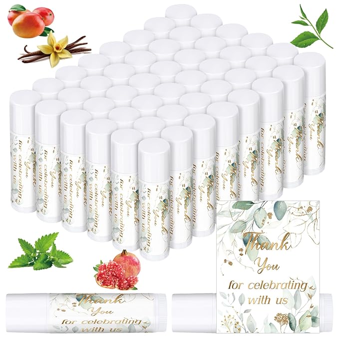 Dunzy 50 Pcs Thank You Gift Lip Balm Bulk Baby Shower Party Favors Bridal Shower Favor Lip Care with Assorted Fruit Flavors Thank You Lipstick for Guest Basket Gift Stuffer (Eucalyptus)