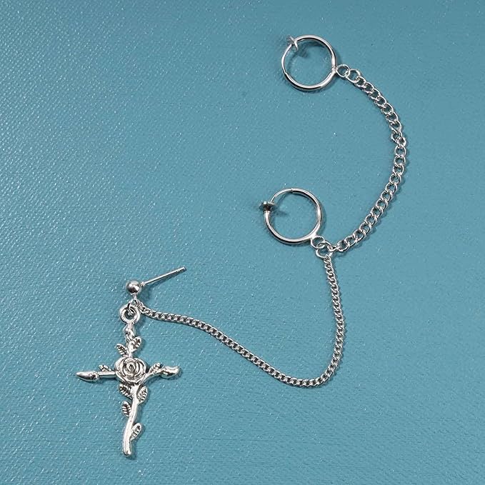 Cross Chain Cuff Earrings Silver Cross Dangle Chain Earrings Long Crucifix Drop Earrings Religious Ear Cuff Wrap Chain Earrings Jewelry for Women and Girls