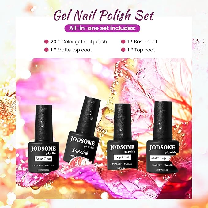 JODSONE 23 Bottles of Glitter Colorful and Elegant Gel Polish kit with 3 Bottles of Matte and Glossy Top Coat Base Coat Gel Nail Set