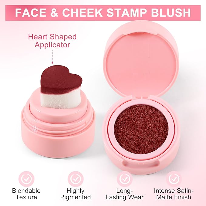 Boobeen Liquid Blush for Cheeks, Buildable & Blendable Face Blusher, Cheek Stamp Blush with Heart-shaped Applicator, Lightweight Air Cushion Blush for Velvet Matte Finish