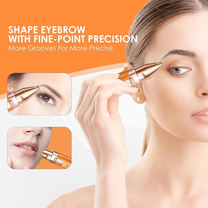 Eyebrow Facial Trimmer: 2 in1 Rechargeable Facial Hair Removal and Eyebrow Shaver - Face Lips Body Painless Facial Razor with Built-in LED Light (Orange)