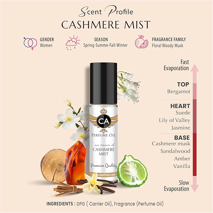 CA Perfume Impression of Cashmere Mist For Women Replica Fragrance Body Oil Dupes Alcohol-Free Roll-On 0.3 Fl Oz/10ml