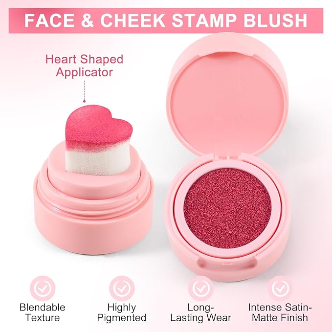 Boobeen Liquid Blush for Cheeks, Buildable & Blendable Face Blusher, Cheek Stamp Blush with Heart-shaped Applicator, Lightweight Air Cushion Blush for Velvet Matte Finish