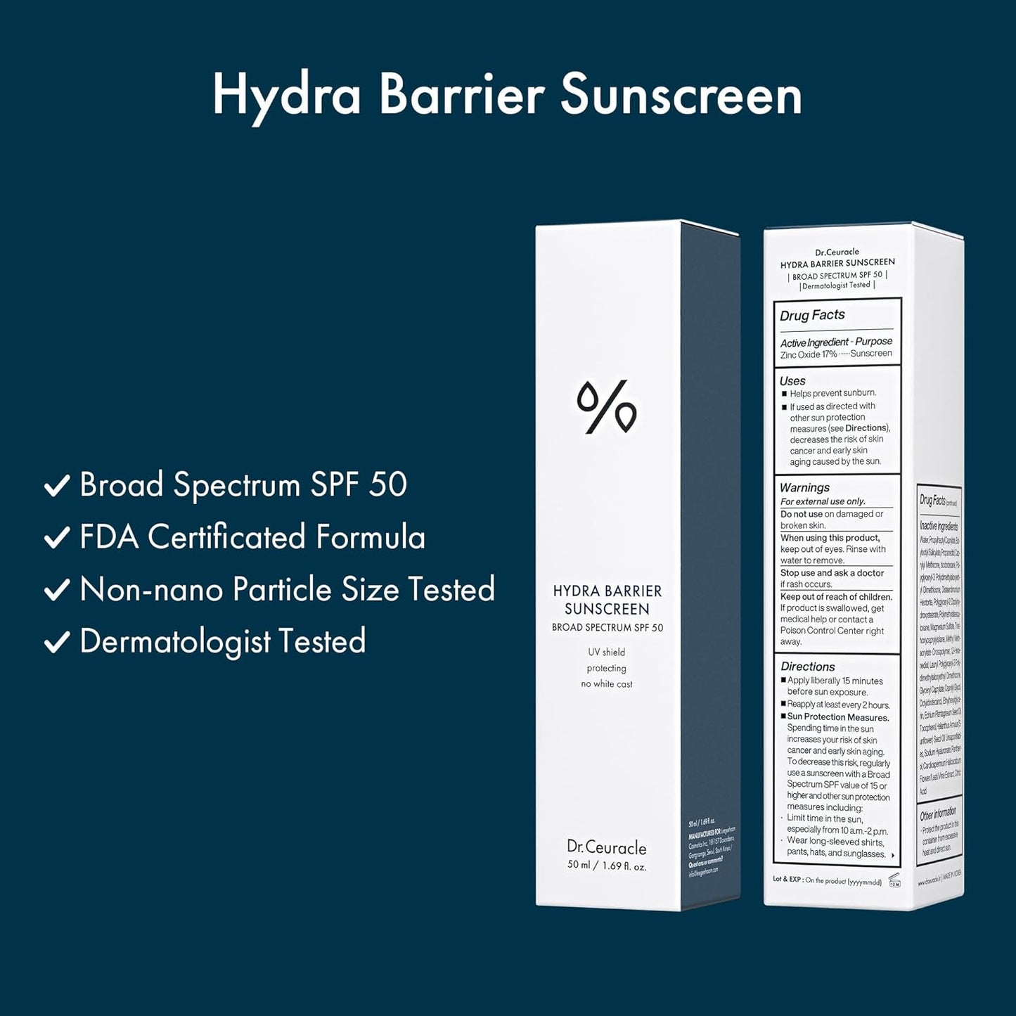 Dr.Ceuracle Hydra Barrier Mineral Sunscreen Broad Spectrum SPF 50 - Korean Sunscreen with Zinc Oxide and Hyaluronic Acid, Dewy Glow (50 ml / 1.69 fl. oz.)