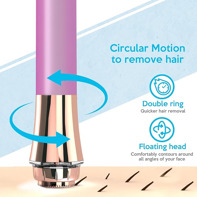 Facial Hair Remover for Women Painless Flawless Electric Razor Epilator Trimmer Shaver with 18K Gold-Plated, 16mm Dual Ring Floating Head, USB Rechargeable, 360° LED for Face Lip Hair Removal