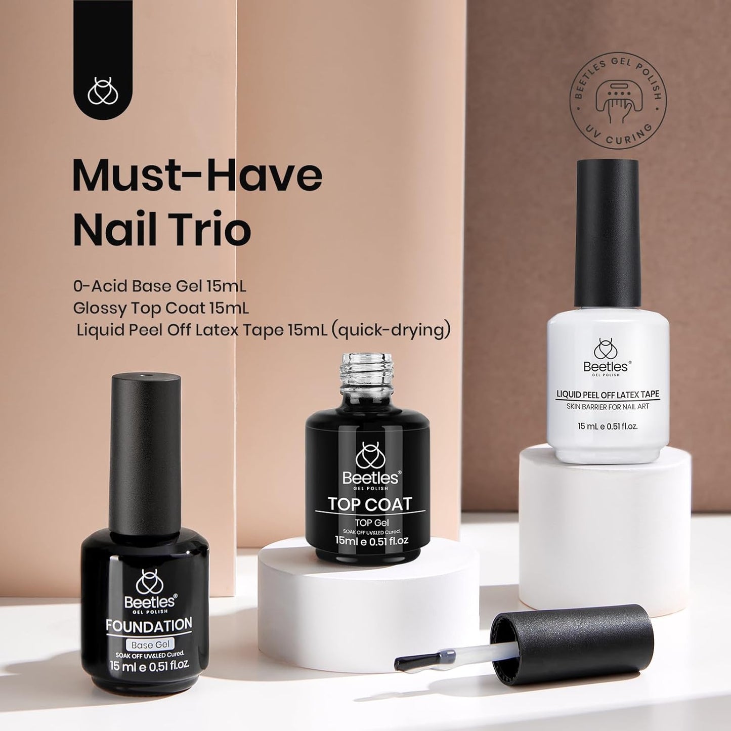 Beetles 3Pcs 15ml Gel Polish Top Coat Base Coat and Liquid Peel Off Latex Set No Wipe Base Top Coat Soak Off Uv LED Nail Lamp Finish Nails Cuticle Guard Nail Art Design Manicure Kit Nail Shine Gifts